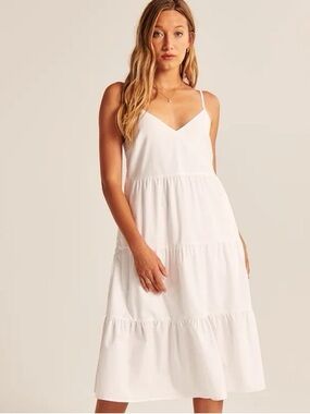 Abercrombie white tiered cotton tie strap midi dress